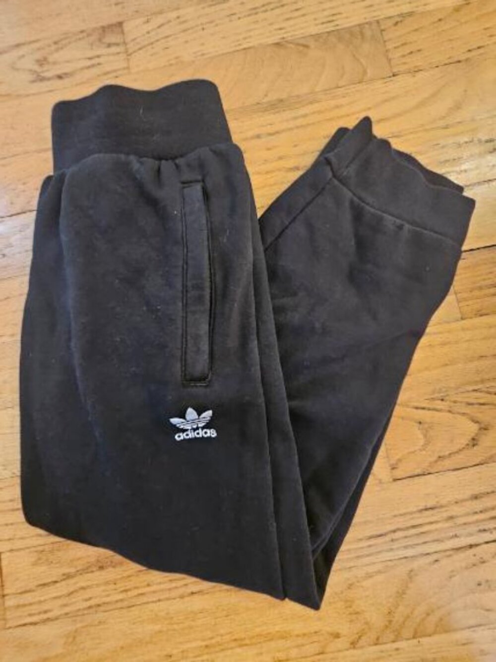 Adidas Youth XS Joggers Black Trefoil Sweatpants Cuffed Zipper Pockets